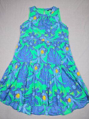 Tommy Hilfiger Floral Tiered Dress 12 Green & Blue 100% Cotton Shell